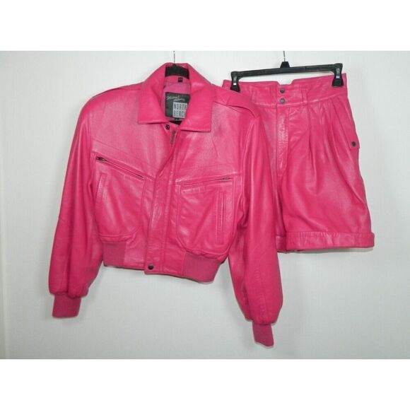 Michael Hoban North Beach Jacket Shorts‎ Set Size 7/8 Pink Leather 90's Pockets - Picture 1 of 15